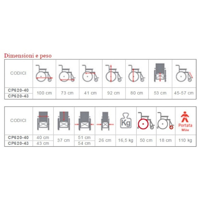 Fauteuil roulant pliant étroit Moretti Skinny CP620 en acier