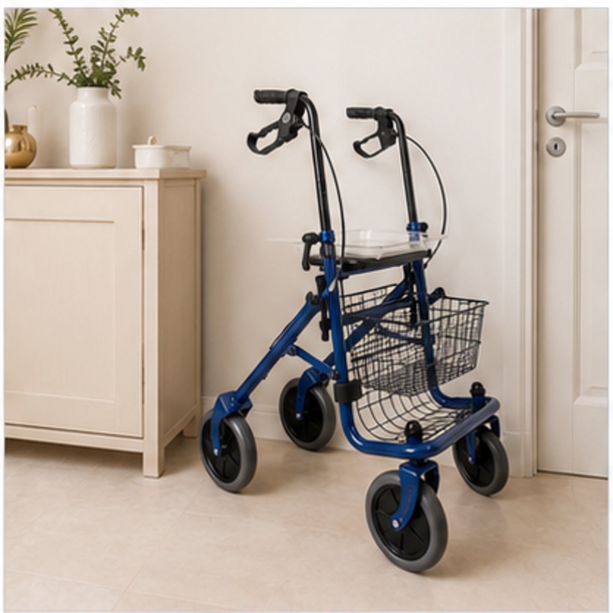 Rollator pliant Mopedia en acier bleu avec siège et panier