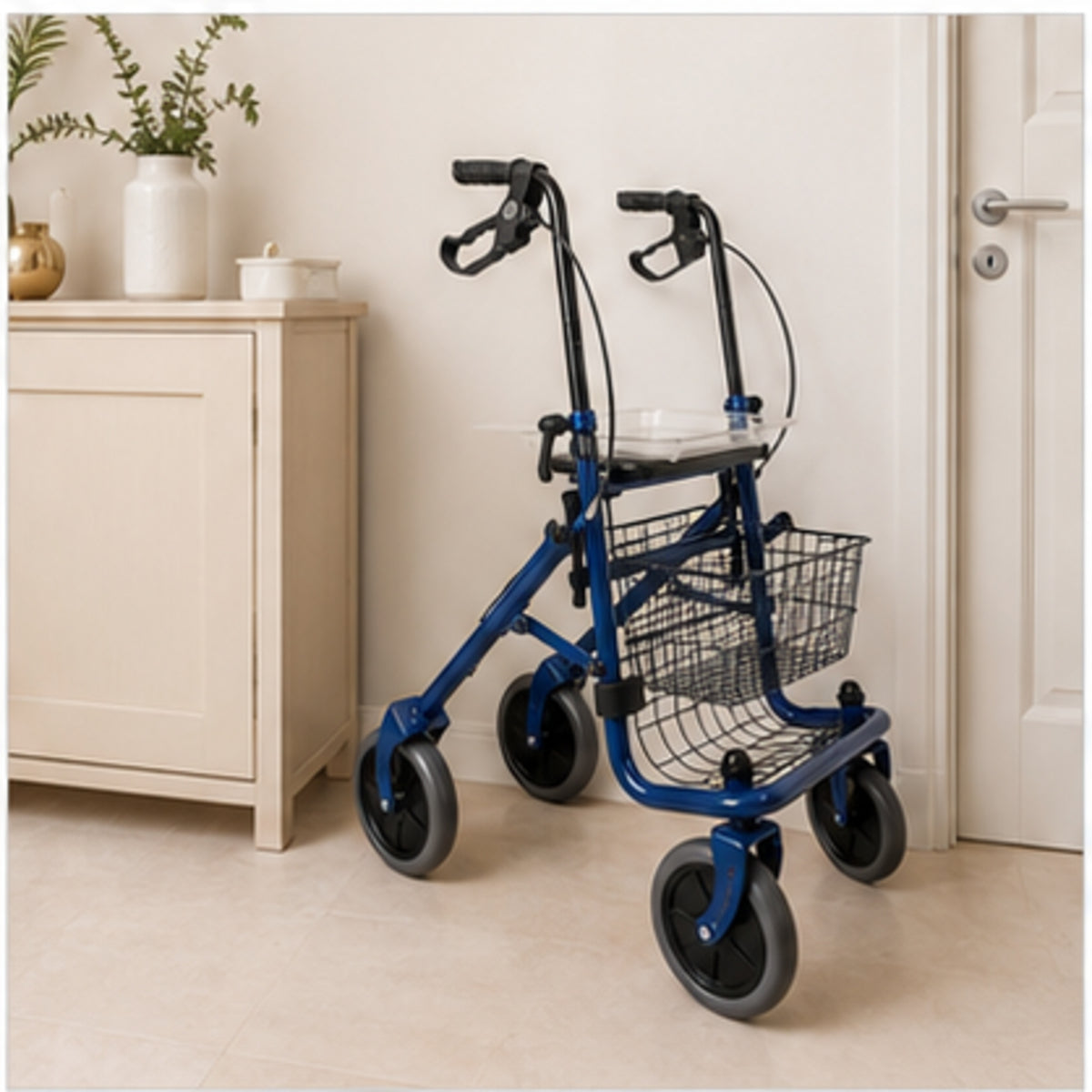Rollator pliant Mopedia en acier bleu avec siège et panier