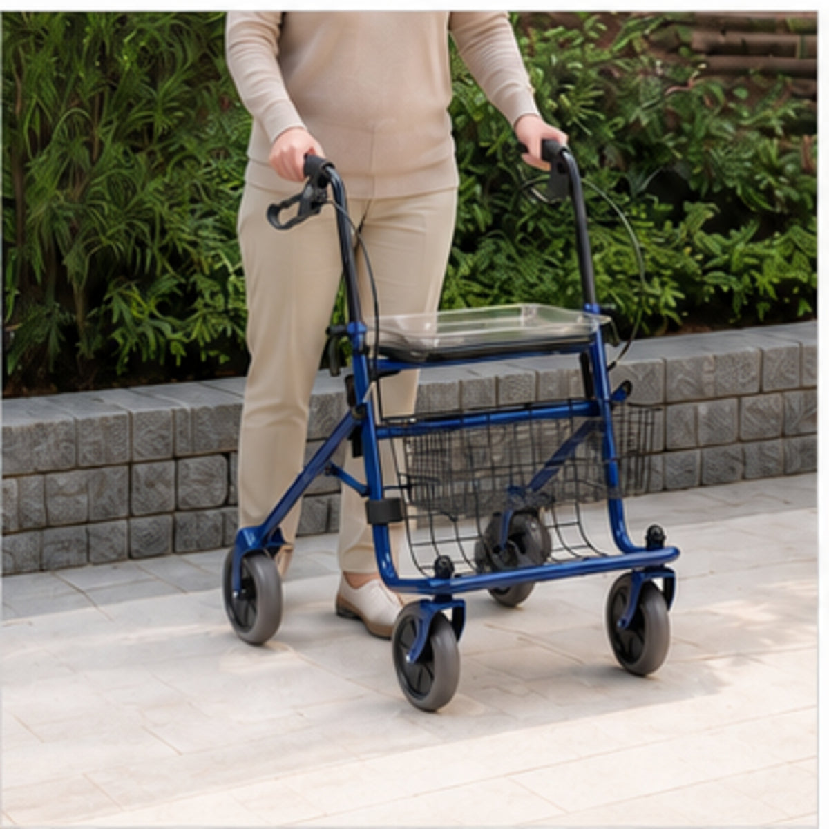 Rollator pliant Mopedia en acier bleu avec siège et panier