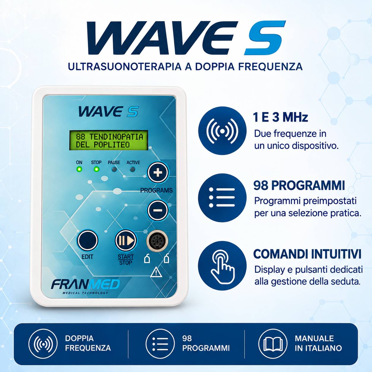 FranMed Wave S, equipo de ultrasonidos 1 y 3 MHz con 98 programas